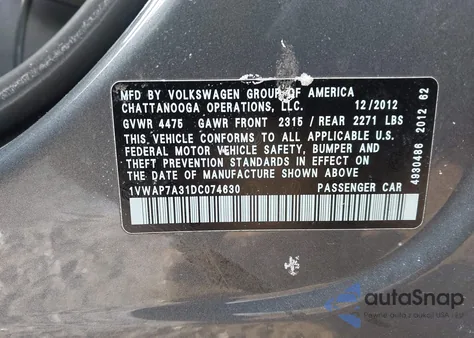 2013 Volkswagen Passat S z USA, uszkodzony, nr VIN 1VWAP7A31DC074630